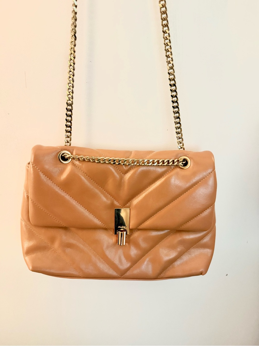 Quilted Chain-Handle Shoulder Bag in Tan